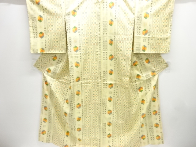 未使用品　幾何学に絣柄織り出し十日町紬着物